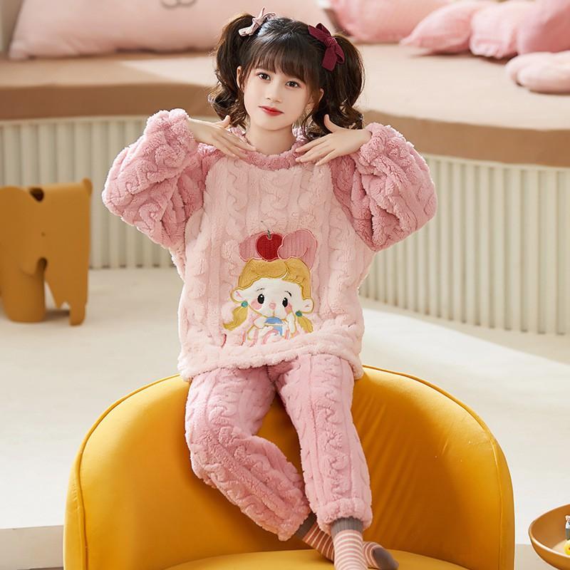 Girls Winter Warm Coral Fleece Pajama Set Long Sleeve Cartoon Print Kids Home Wear Sleepwear Ages 8