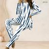 Women Plus Size Two Piece Set Round Neck Long Sleeve White Blue Printed Top Fitted Long Pants