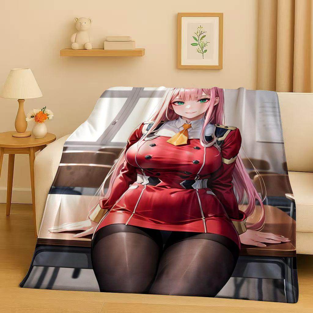 

3D Sexy Girl Zero Two DARLING in The FRANXX Cartoon Flannel Blanket,Soft Warm Plush Throw for Home Bedroom Bed Sofa Cover Office 75x90cm