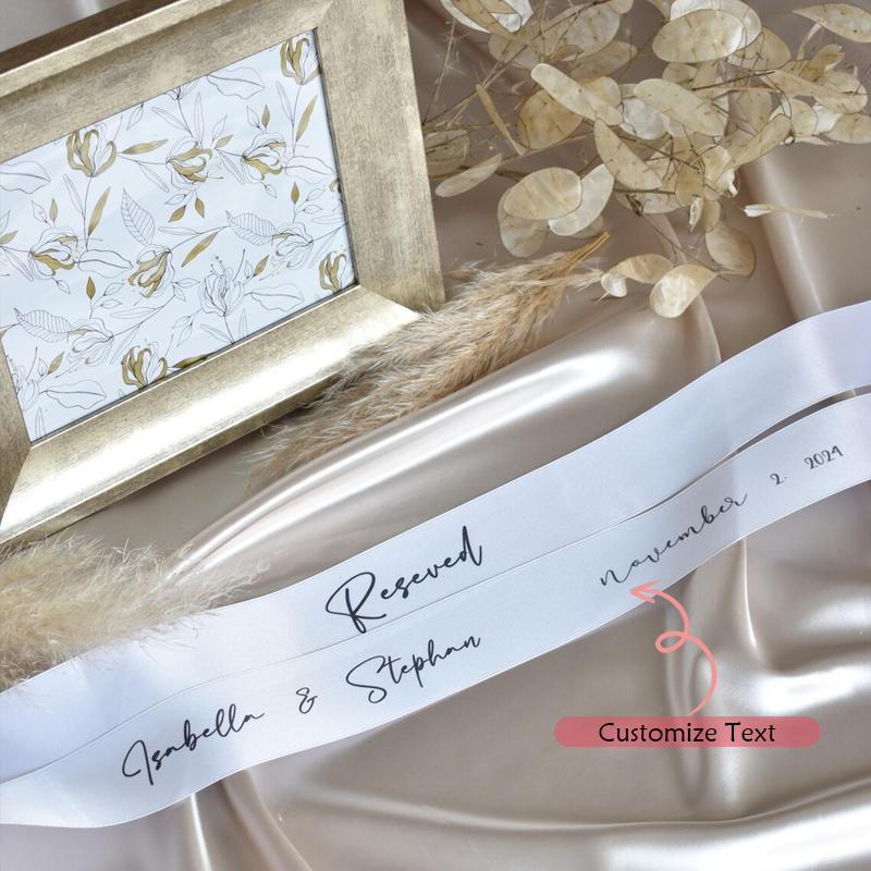 

5pcs Personalized Wedding Chair Seating White Ribbon Tags Reserved Aisle Ribbons for Ceremony or Reception Table Bridesmaid Gift 5pcs