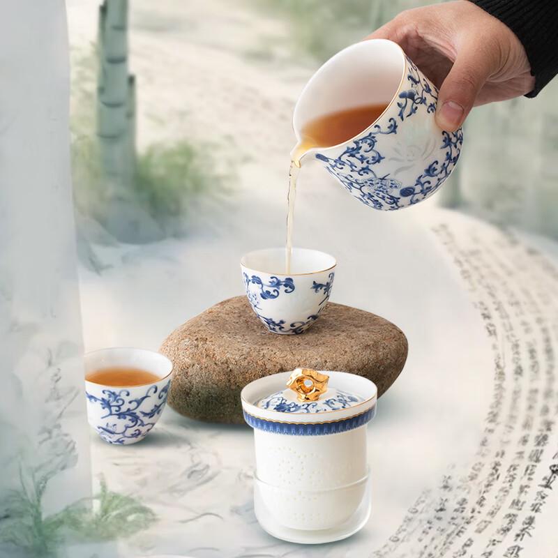 Yihu De Blue and White Lotus Ceramic Travel Tea Set