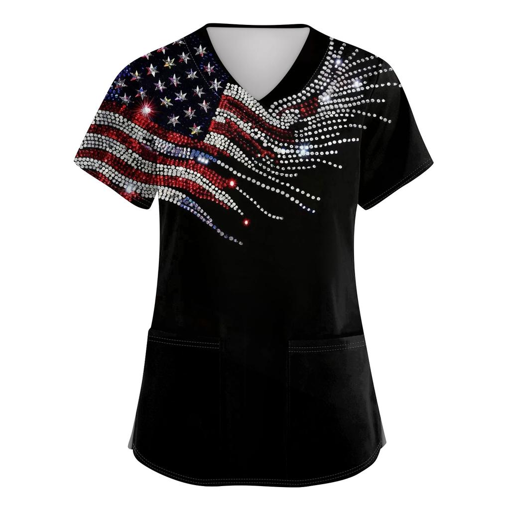 Women's V-neck Independence Day Print Short-sleeved Pocket Side-opening Protective Work Shirt