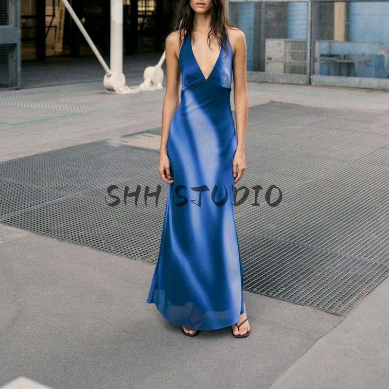 Autumn New Women's Clothing Minimalist Open Back Design Print Hanging Collar Bows Dress 8222122