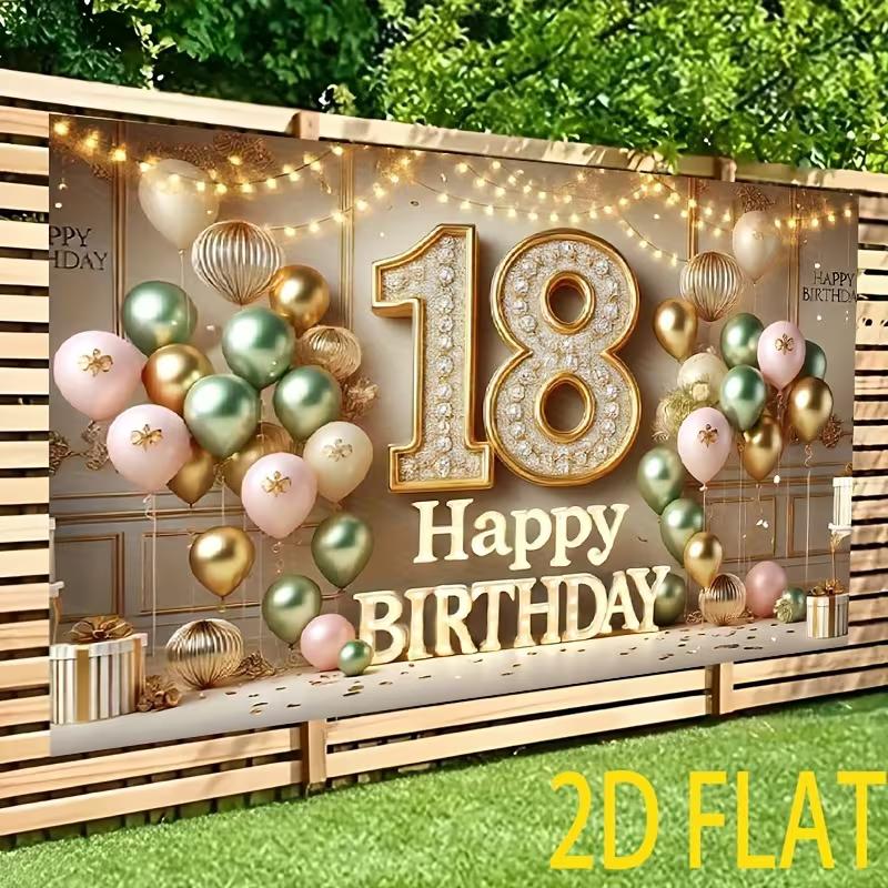 2D Flat Print Beige Gold 18th Birthday Tapestry Backdrop with String Lights