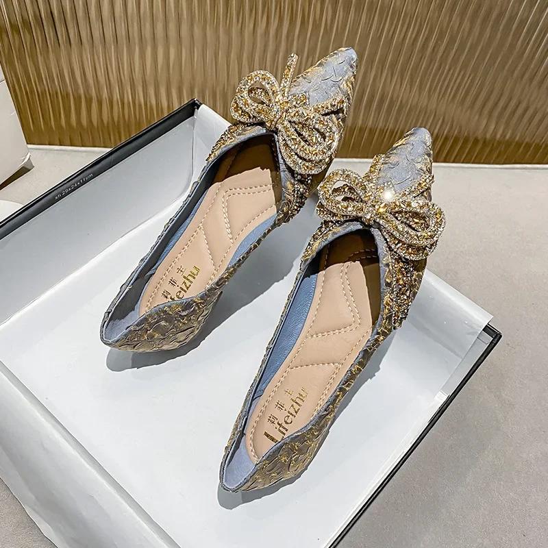 Fashion Women Flat Elegant Fashion Women Flat Fashion Ballet Shoes Ladies Bling Crystal Bow Tie Pointed Toe Flats Shoes