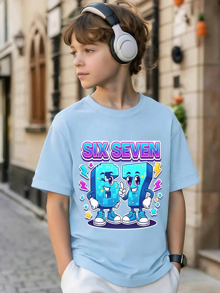 Six Seven 67 Funny Italian Brainrot Childrens Short Sleeve Tee Summer Casual Hot Crewneck Cute Cartoon Age 3-14
