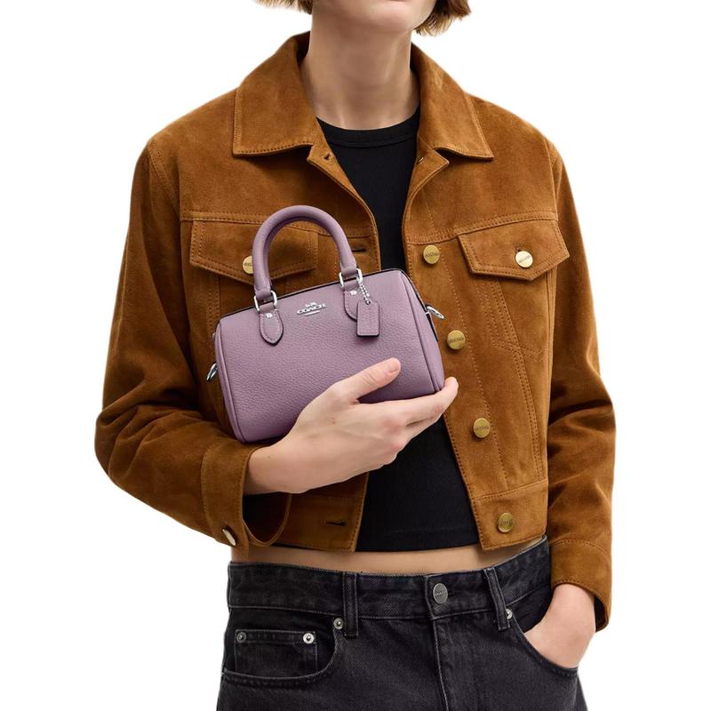 Coach Rowan 18 Silver Logo Removable Shoulder Strap with Zip Closure Refined Pebbled Leather Handbag Mini Women's Purple