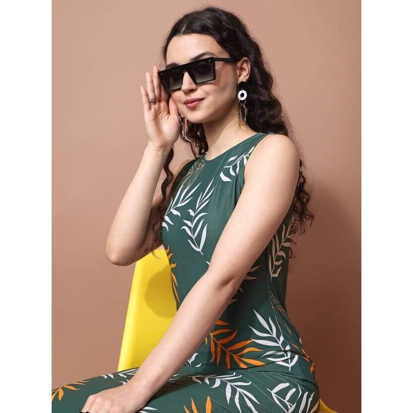 Women's Bodycon Green Dress Party Wear Floral Print Top Tunic Sleeveless Dress VF-1870a