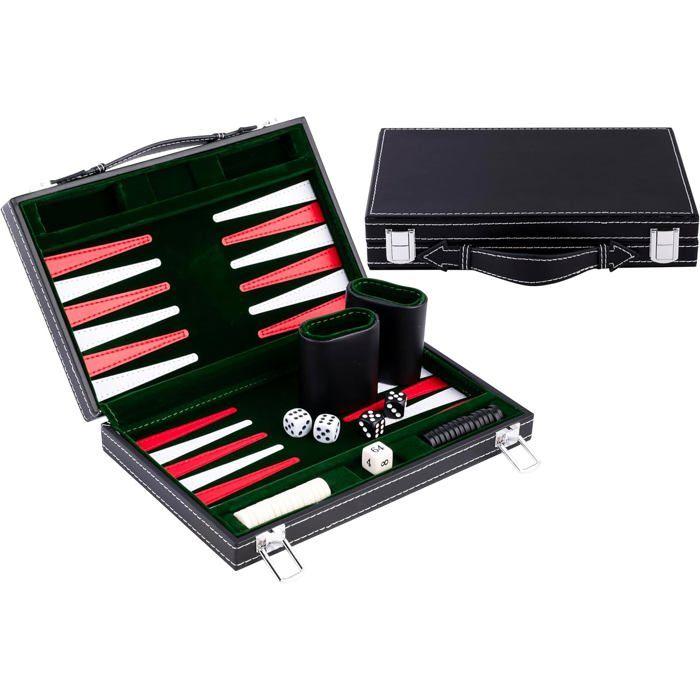 Backgammon de Voyage - ENGELHART - Modèle 11" - Valise en Simili Cuir - Feutres - Vert/Rouge/Blanc