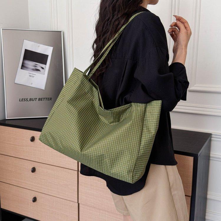 New Simple Literary Japanese Plaid Handbag Bag Women'S Lightweight Casual Shoulder Bag Versatile Large-Capacity Tote Bag