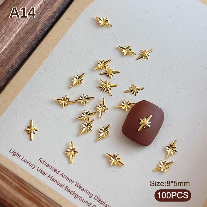100pcs Alloy Star/Moon 3d Nail Art Charms Gold Flatback Love/Cross/Geometric Nails Decorations Manicure Supplies