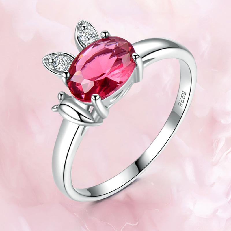 Gica Gema Created Ruby Genuine 925 Sterling Silver Ring For Women Red Gemstone Engagement Vintage Wedding Bands Cute Rabbit Jewelry