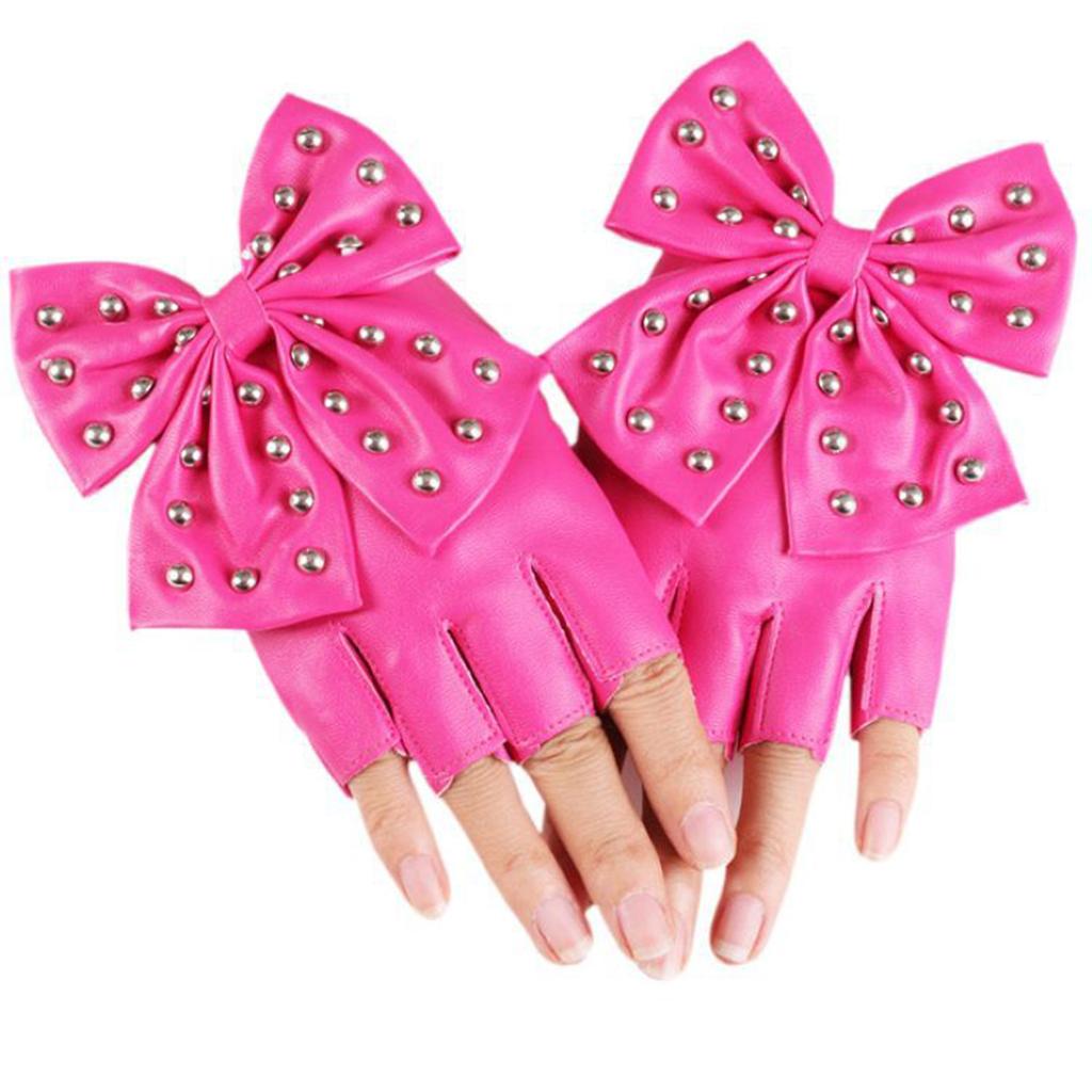 Women Bowknot Rivet Half Finger Gloves PU Leather Gloves For Nightclub Hiphop Dancing Wear And Stage Performances