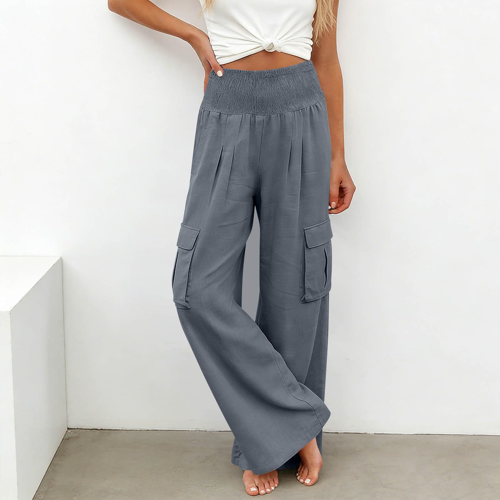 

Women Elastic High Waist Pant Casual Fit Wide Leg Long Pants Trousers With Pockets L