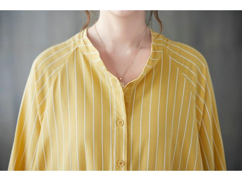 Frühling/Sommer 2023 Damen Übergröße Gestreiftes Lässiges Langes Kleid - Literarischer Stil, Lockere Passform, Schlankmachender Effekt