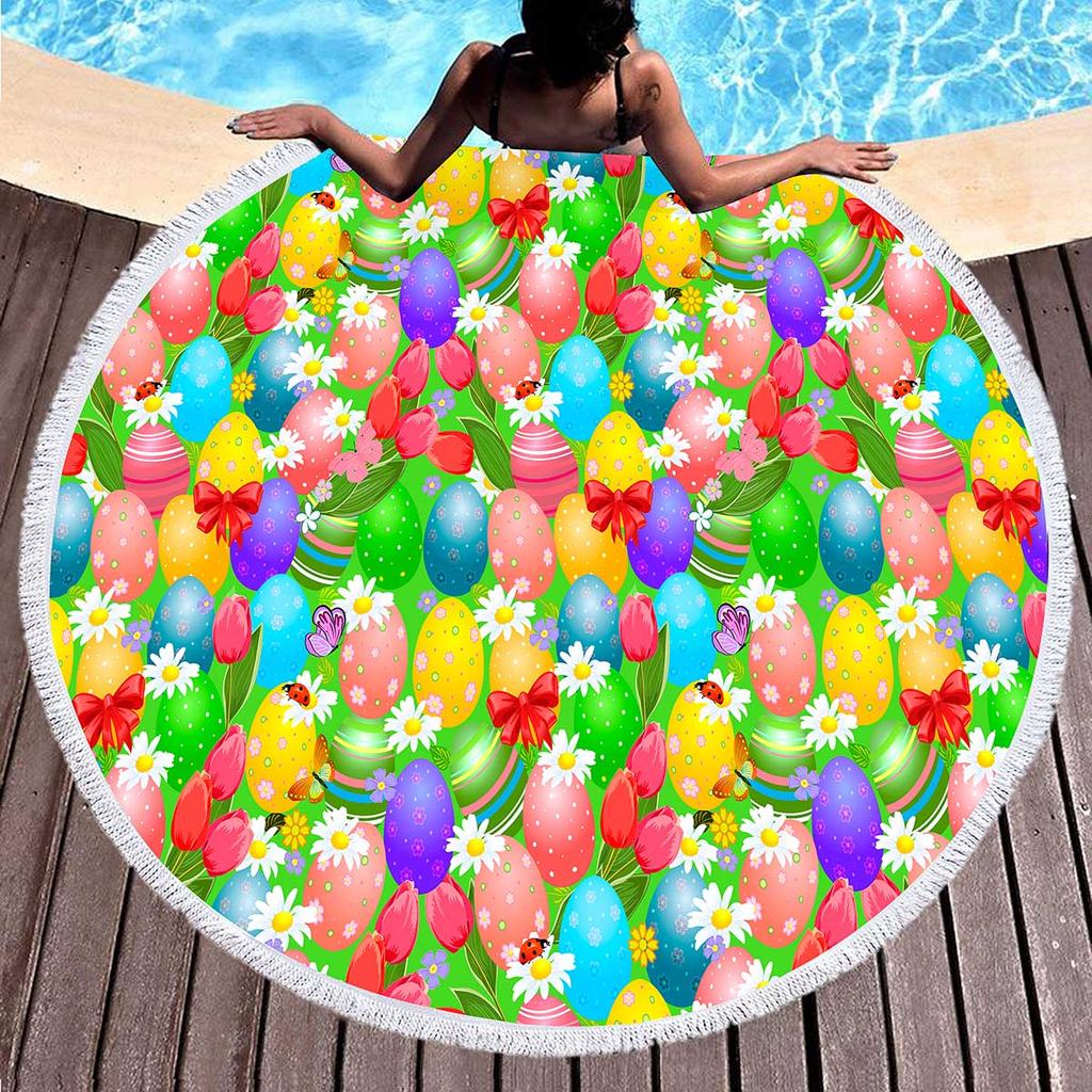Easter Eggs Round Beach Towel with Tassels For Boys Girl Easter Gifts Microfiber Soft Sand Proof Absorbent Circle Swim Towel