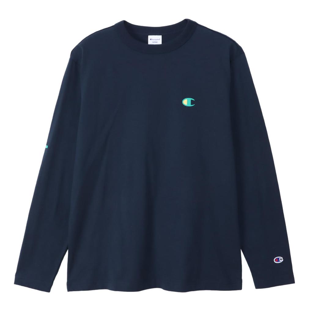 Champion Long Sleeve Long Crew Men's T-Shirt, Navy, Sleeve, Neck, 100% Cotton, One-Point Logo, Basic, C3-Z413