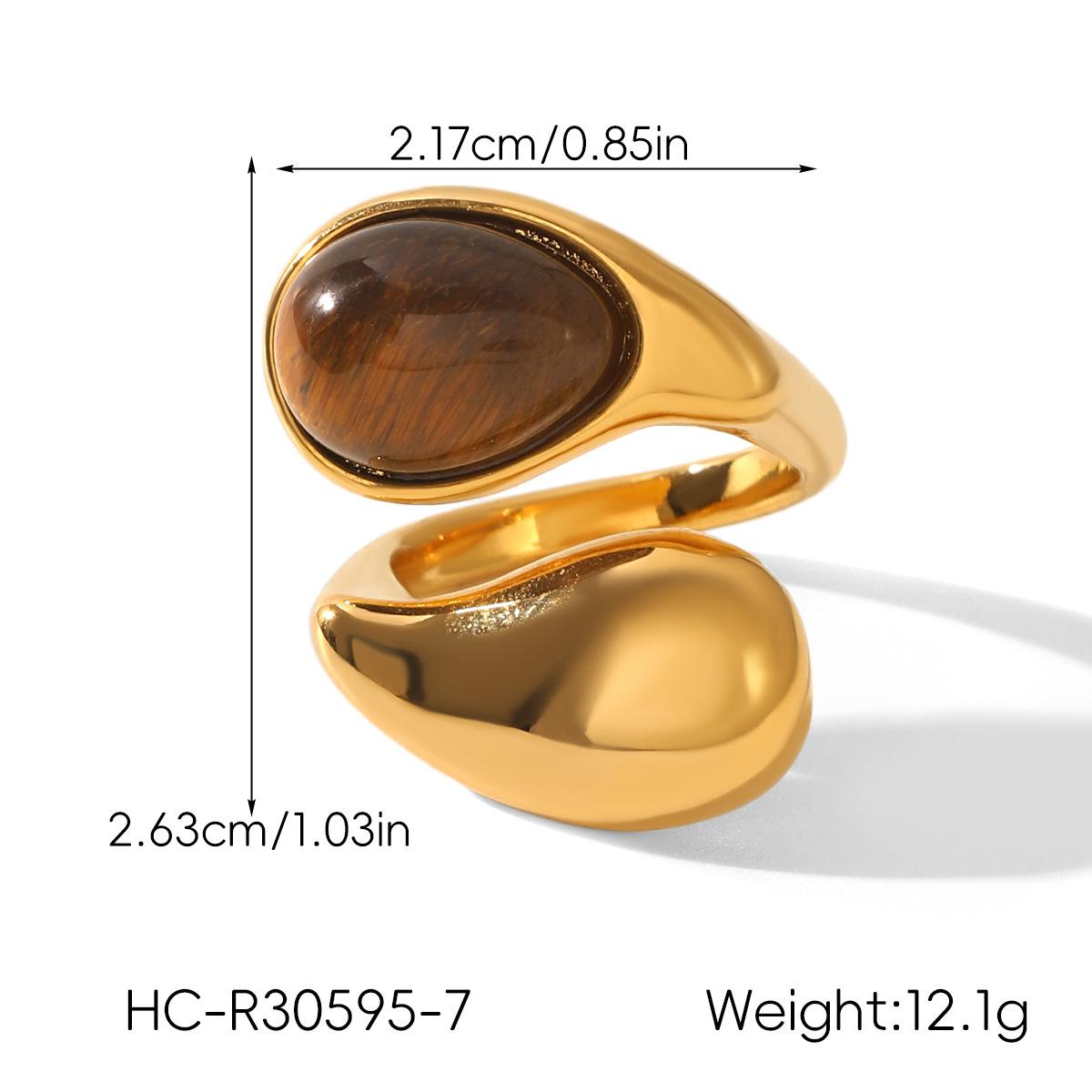 

Tear-shaped Inlaid Tiger Eye Ring Stainless Steel 18K Gold Band High-end Jewelry Titanium Steel Non-fading Ring коричневий