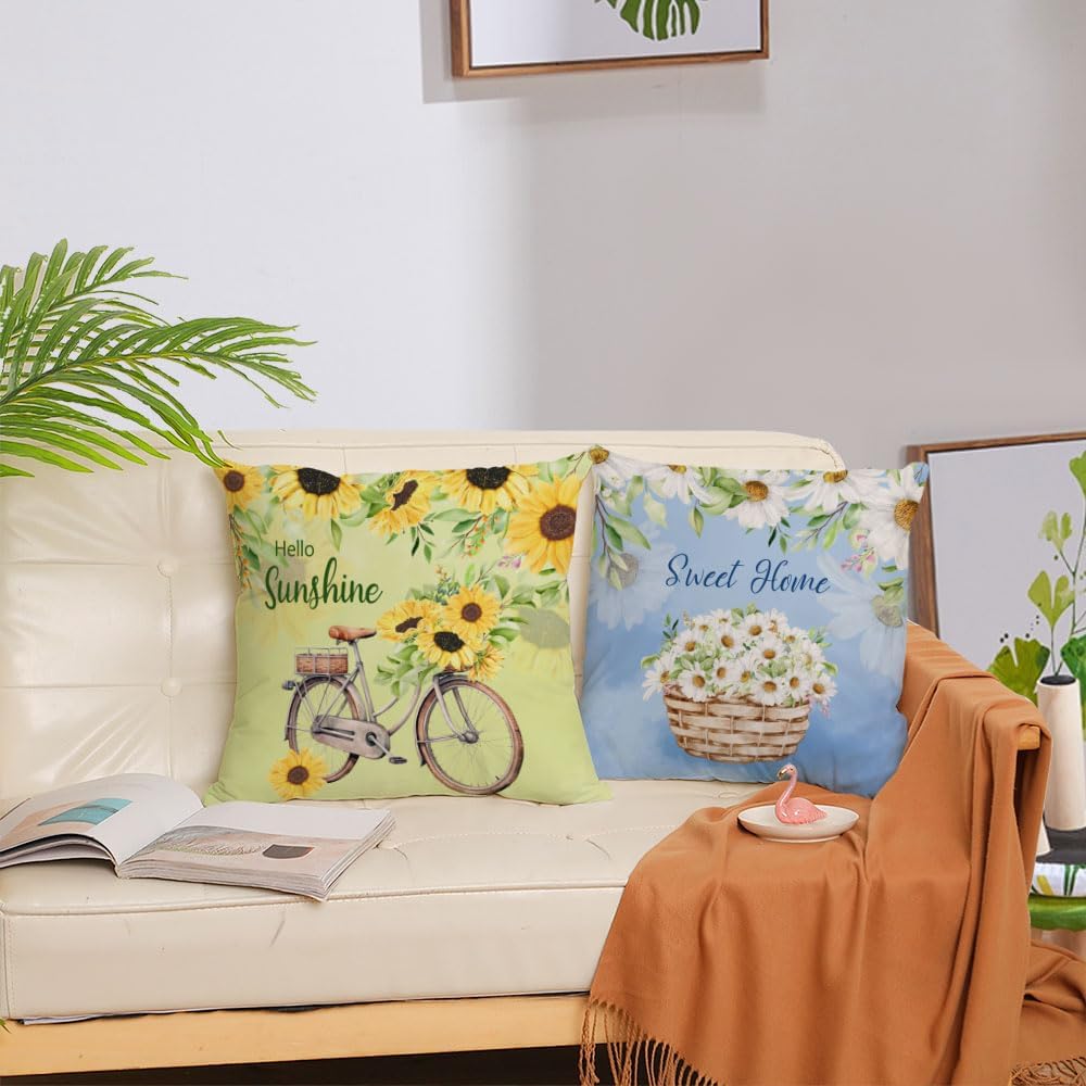 Spring Summer Pillow Covers Set Of 4 Floral Throw Pillow Covers Hello Sunshine Flower Cushion Covers Square Soft Pillow Cases