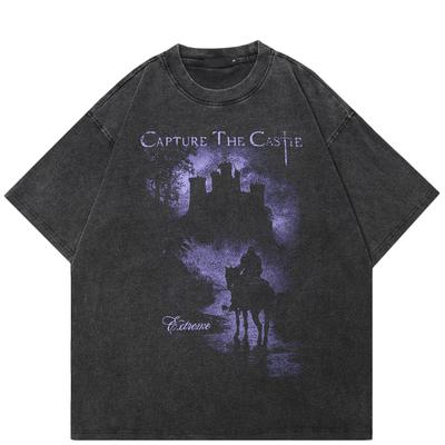 Streetwear Castle Graphic T-Shirt Cotton Washed Black Tshirt Unisex Tops Tees Summer Short Sleeves T Shirt