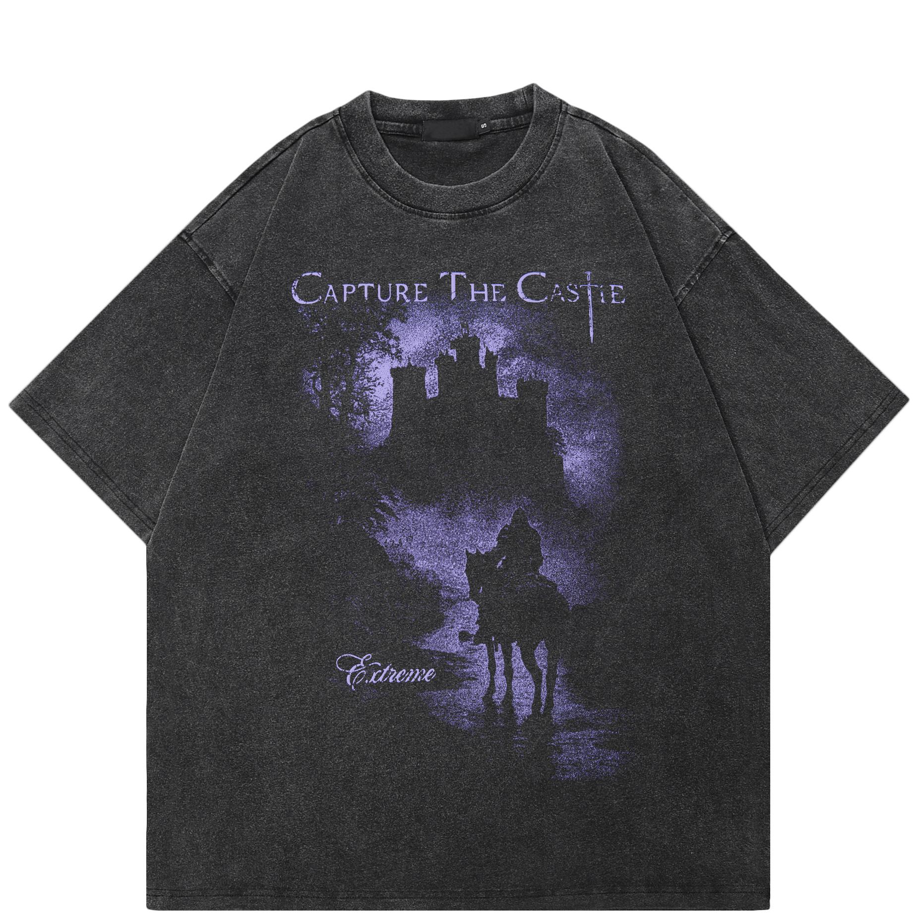 

Streetwear Castle Graphic T-Shirt Cotton Washed Black Tshirt Unisex Tops Tees Summer Short Sleeves T Shirt XXL чорний