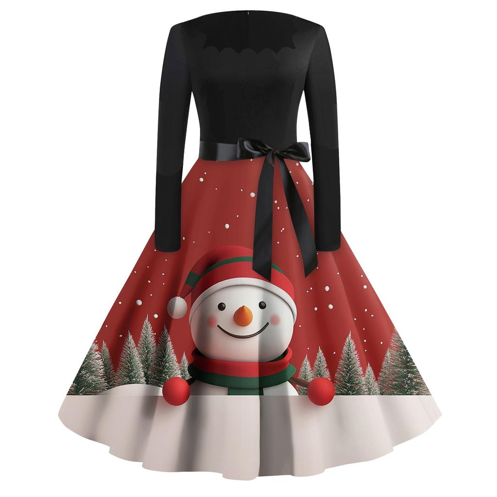 Women's Casual Fashion Printed Retro Square Neck Long Sleeve Dress