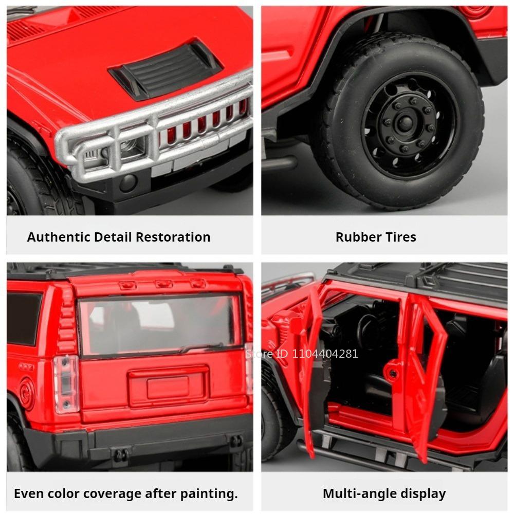 1:32 H2 Alloy Off Road Vehicle Diecast Model Toys Car Sound Light Pull Back Rubber Tire Doors Opened Models Children's Day Gifts
