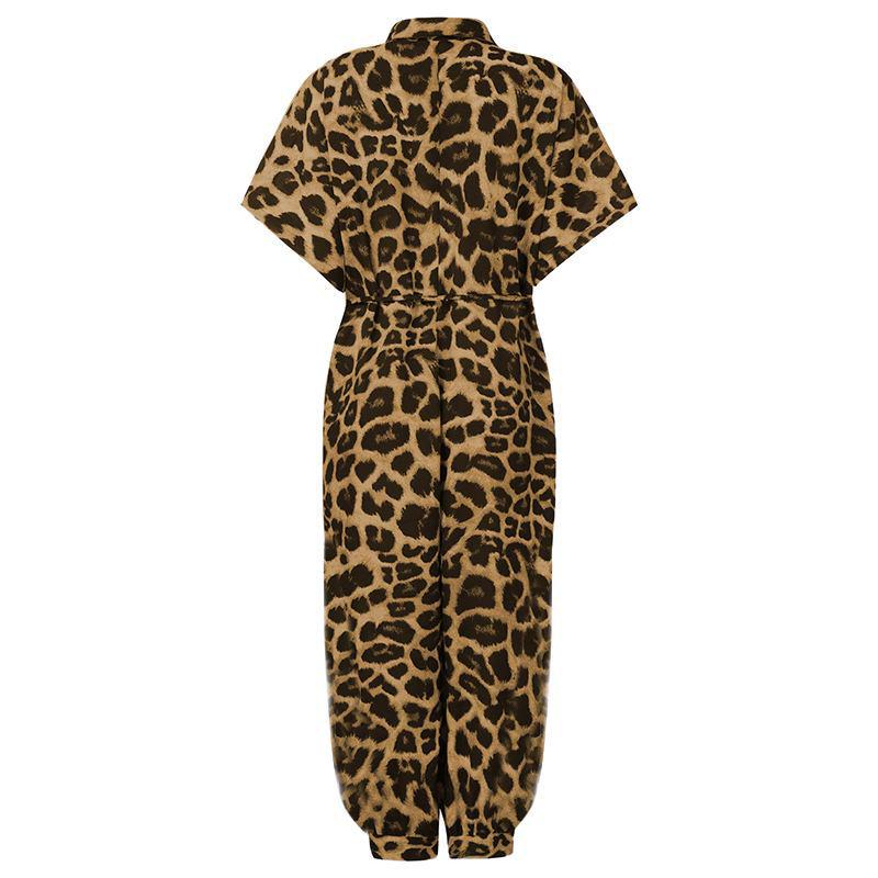 2020 Women's European Retro Leopard Print Short Sleeve Jumpsuit, Loose Plus Size, High Waist, Leg-Slimming Design