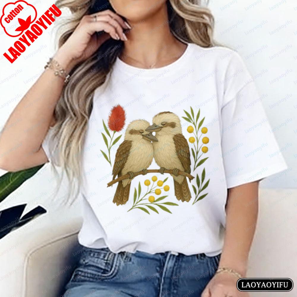 Australian Wildlife Cotton Tee Kookaburra Pair with Native Flowers Graphic TShirt for Women Harajuku Casual Attire Nature Gift S