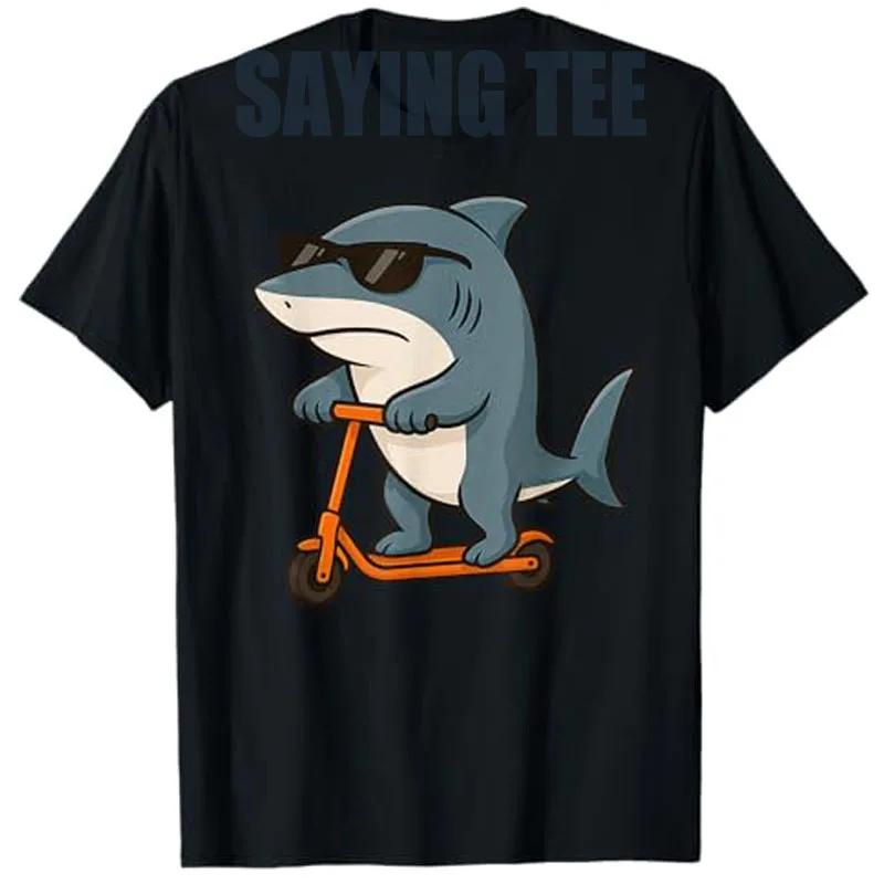 Shark Riding Scooter Graphic TShirt Funny Animal Lover Boys Girls Summer Casual Tee S
