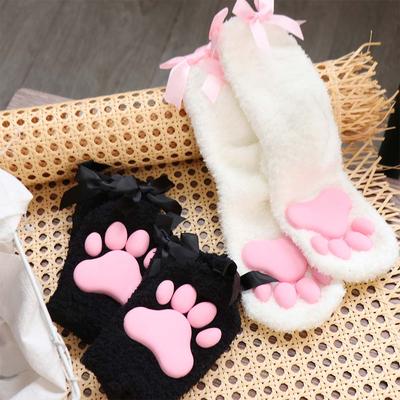 Süße Korallen-Samt-Katzenpfoten-Plüschsocken Pfotenpolster Kätzchen-Kralle 3D-Katzenpfoten-Socken Kälteschutz Schlafsocke Schleife Warme Socken Geschenk