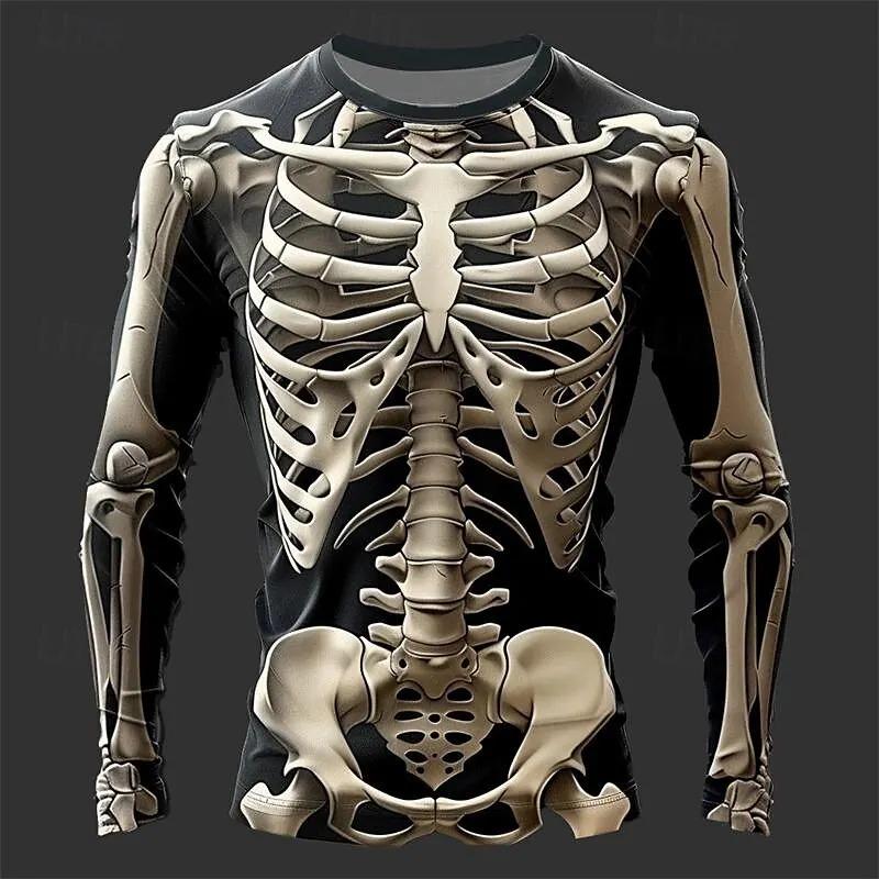 Creative Design 3D Skull Print Men's T-Shirt Autumn Daily Casual Long Sleeve Crew Neck Pullover Tees Oversize Breathable Clothes