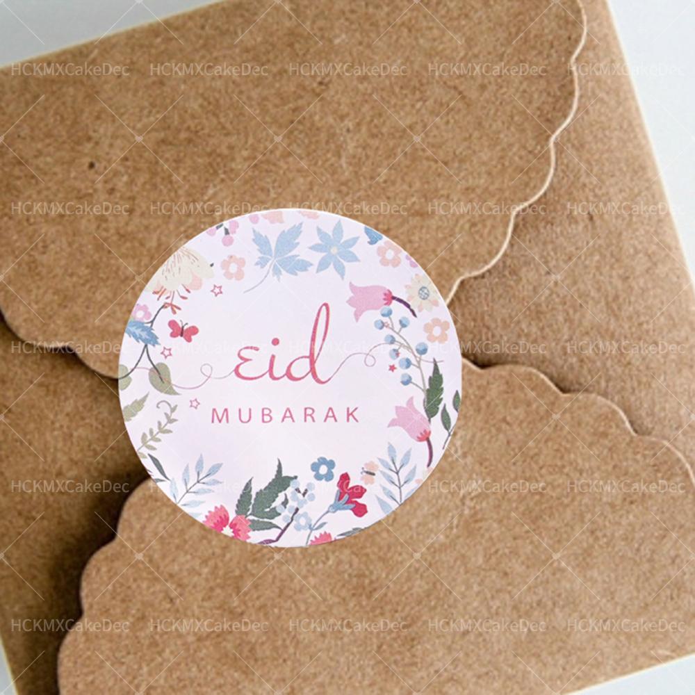 100pcs Round EID Mubarak Flower Plants Sticker for Ramadan Kareem Birthday Wedding Party Gifts Wrapping Sticker
