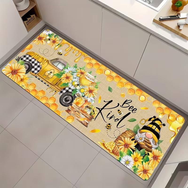 A Set of Kitchen Mats with Bee and Floral Designs for Outdoor Themes and Fade Resistant Home Decor