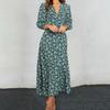 Women Dress Deep V Neck High Waist Sweet Lantern Sleeve Colorfast Ninth Sleeves Vintage Style Ankle Length Flower Print Autumn Dress Women Clothes