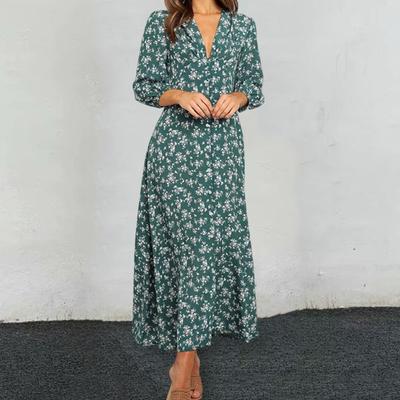 Women Dress Deep V Neck High Waist Sweet Lantern Sleeve Colorfast Ninth Sleeves Vintage Style Ankle Length Flower Print Autumn Dress Women Clothes
