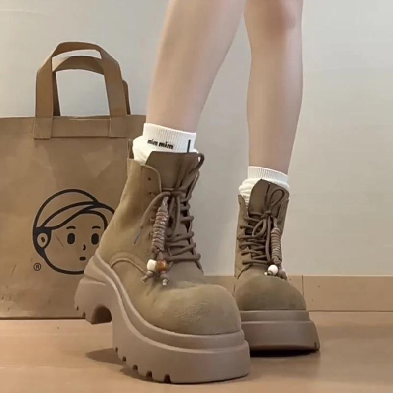 Gruba Podeszwa Damskie Buty Motocyklowe Styl Brytyjski Obcas Platforma Jesienne Nowoczesne Krótkie Botki Zapatos De Mujer