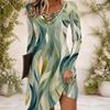 Women Criss Cross V Neck Long Sleeve Tropical Leaf Printed Fitted Curved Hem Dress