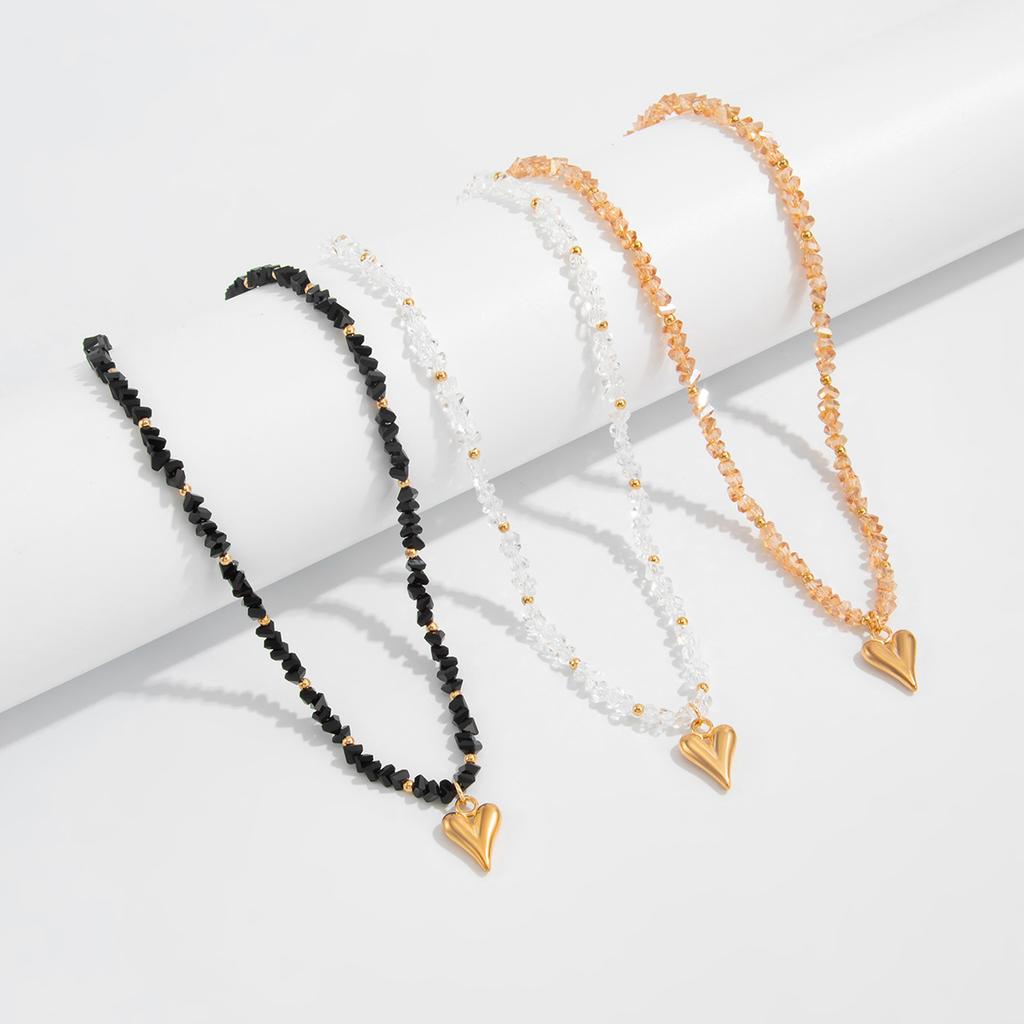 Boho Schwarze Kristallperlen Halskette für Damen Metall Herz Anhänger Weiblicher Eleganter Schmuck Luxuriöse Strass Choker Halsketten