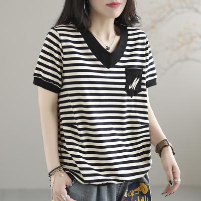 Women's Summer Loose Casual Striped Blouses with V-Neck