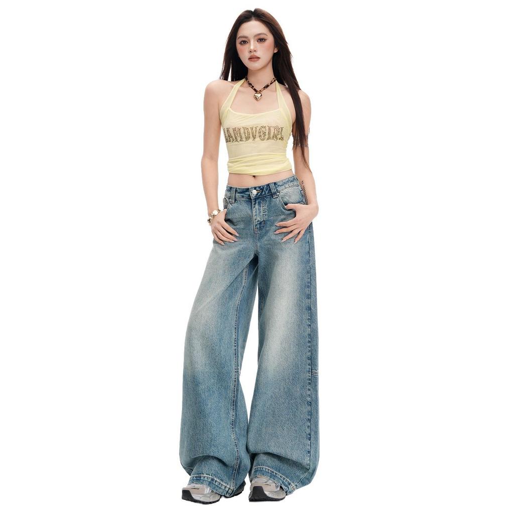 Spring Summer Vintage Sandblast Washed Relaxed Micro Flare Stylish Daily Casual Denim Pants Ladies Casual Pants Oversize Denim Trousers