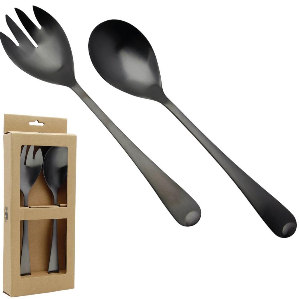 Spoon Long Cutlery For Salad Fork Spoon Set 2 Pieces Black