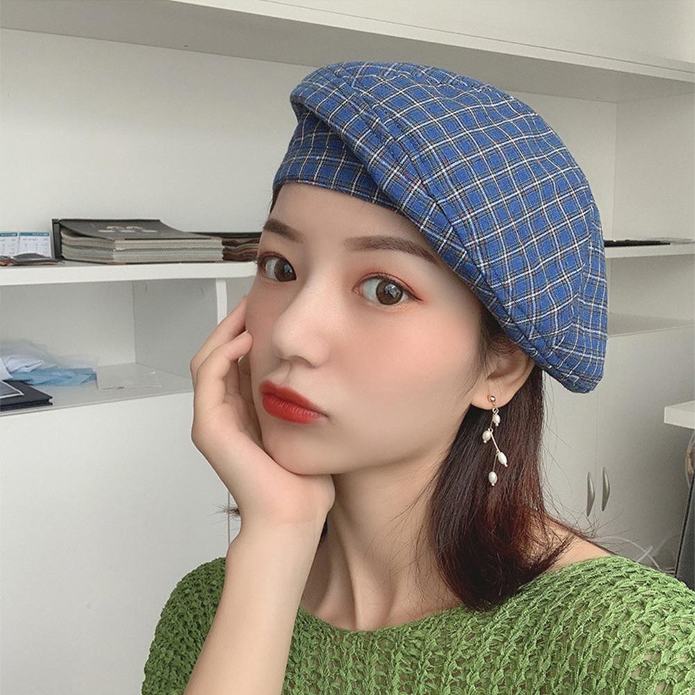 Women Retro Style Thin All Match Plaid Printing Beret Painter Cap