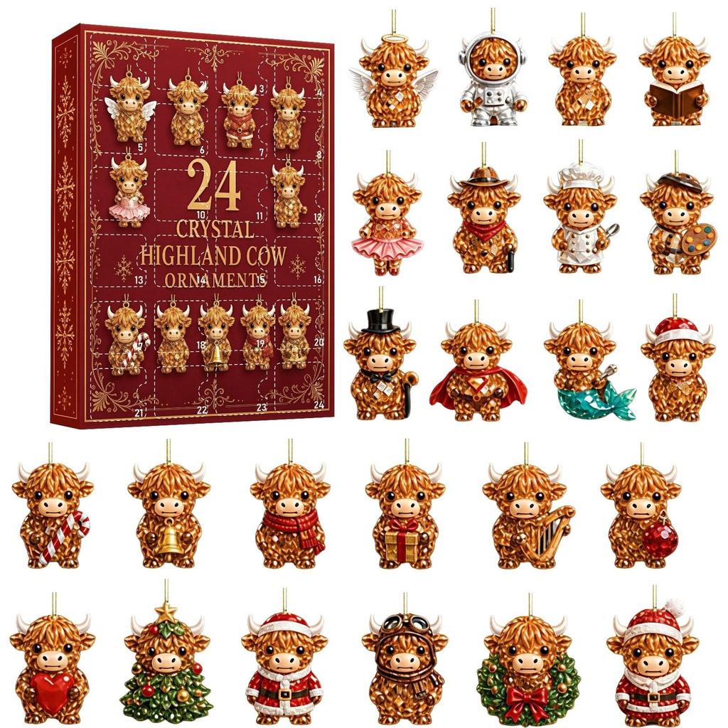 2026 24-Day Highland Cow Advent Calendar - Christmas Countdown Gift Box with Collectible Mini Acrylic,Festive Holiday Home Decor