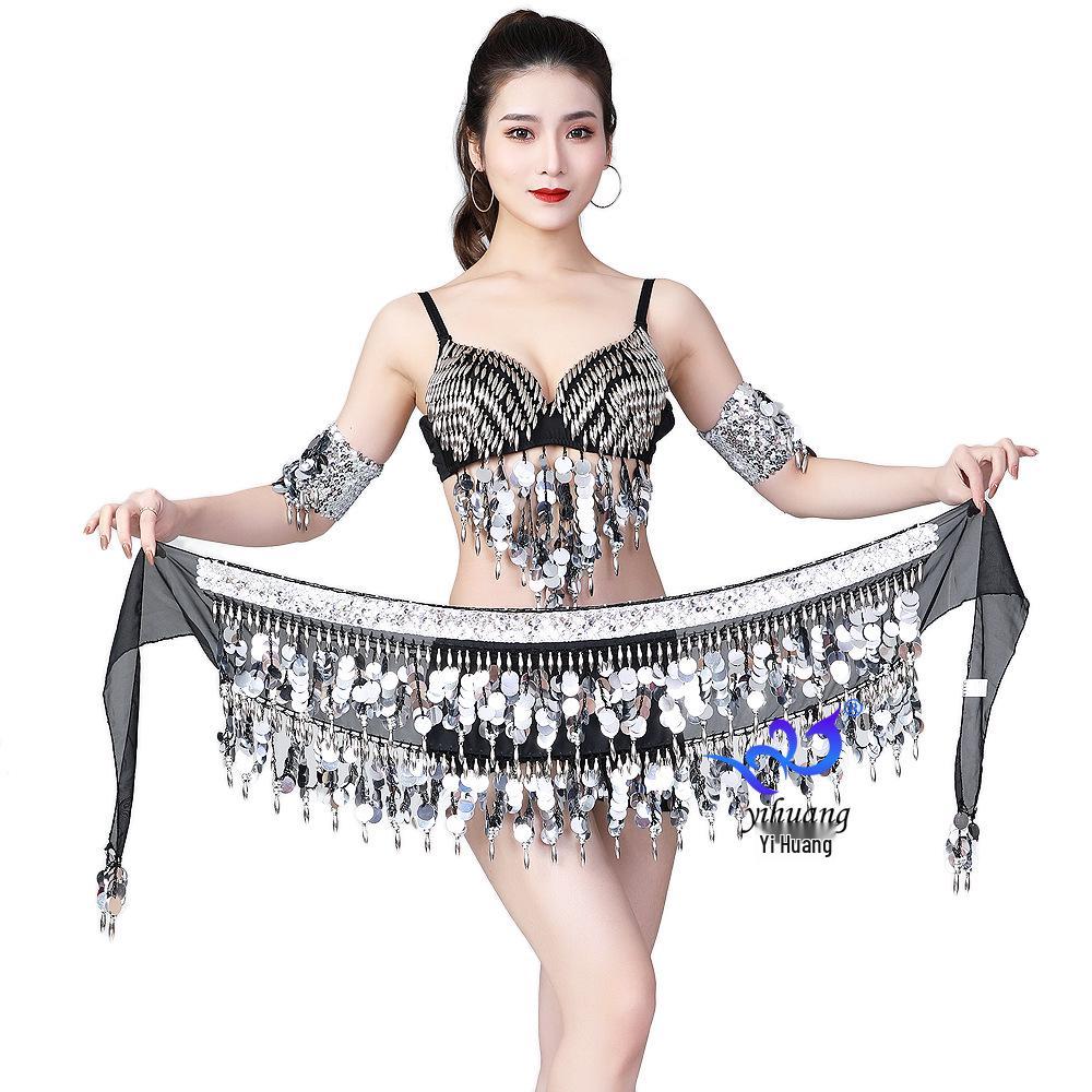 

Belly Dance Sequin & Tassel Hip Scarf Performance Costume One Size чёрный/серебряный