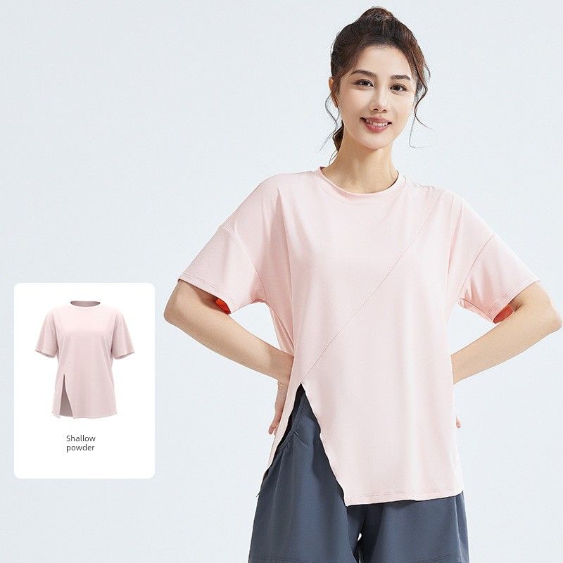 

Spring New Yoga Wear Workout Blouse Short Sleeve Women s Slit Loose Breathable Athletic Clothing Outwear Running T-Shirt Tops Shallow powder M