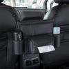 One Durable PU Leather Car Seat Storage Bag With Cup Holder, Side Pockets And Front Storage Compartment.