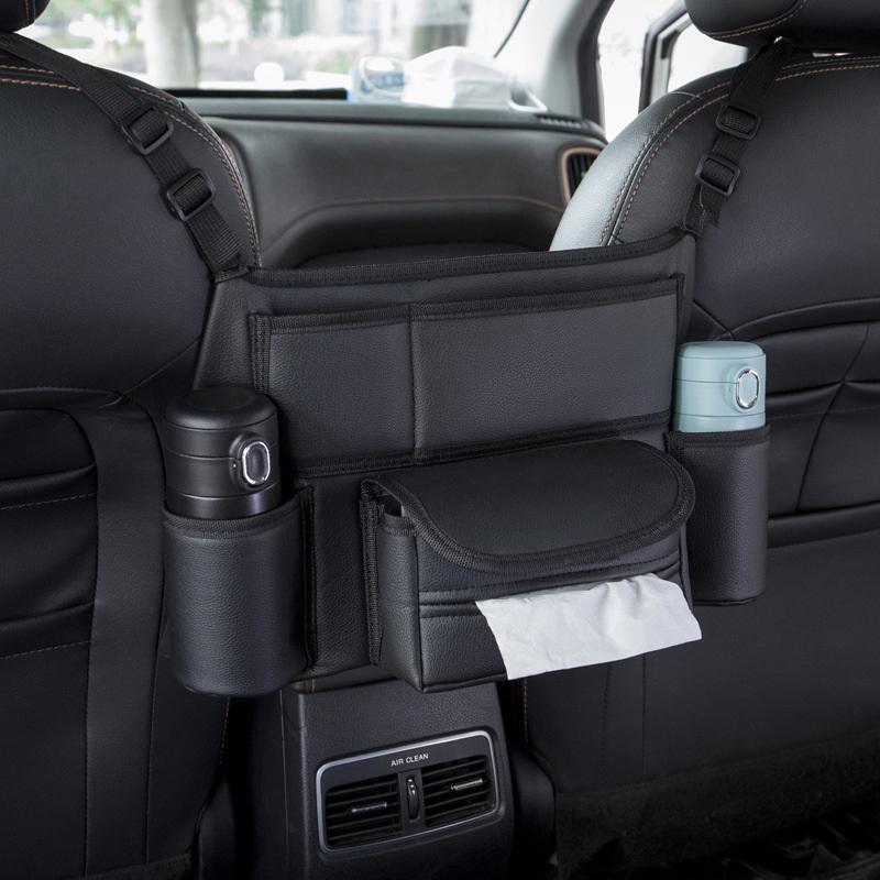 One Durable PU Leather Car Seat Storage Bag With Cup Holder, Side Pockets And Front Storage Compartment.