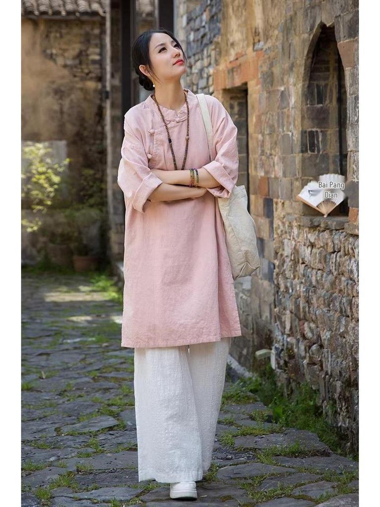 Vintage-Inspired Cotton Linen Qipao: Frog Button Women's Long Shirt