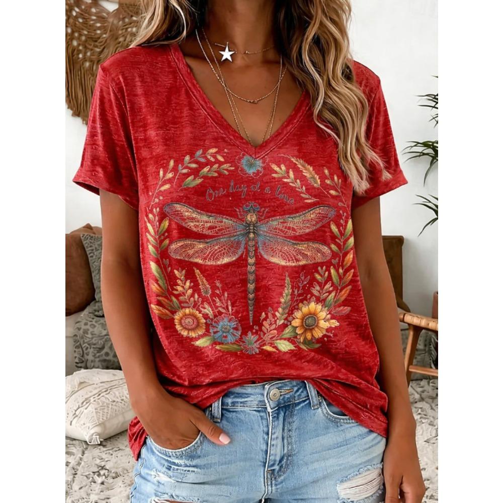 Women Summer T Shirt  Dragonfly Pattern Print Short Sleeve Tees Casual Printed Tops